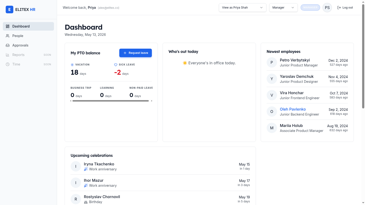 AQENCY HR dashboard with PTO balance, who's out today and team activity