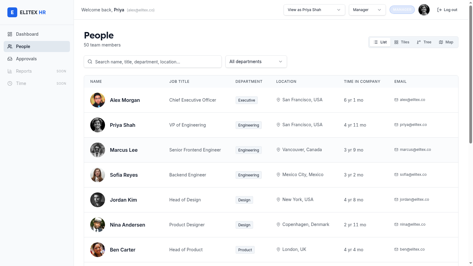 People directory list view with avatars, titles and locations