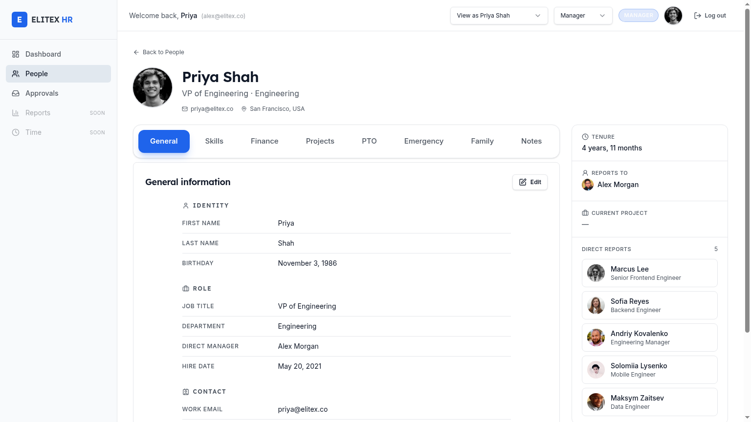 Employee profile page with general information and direct reports