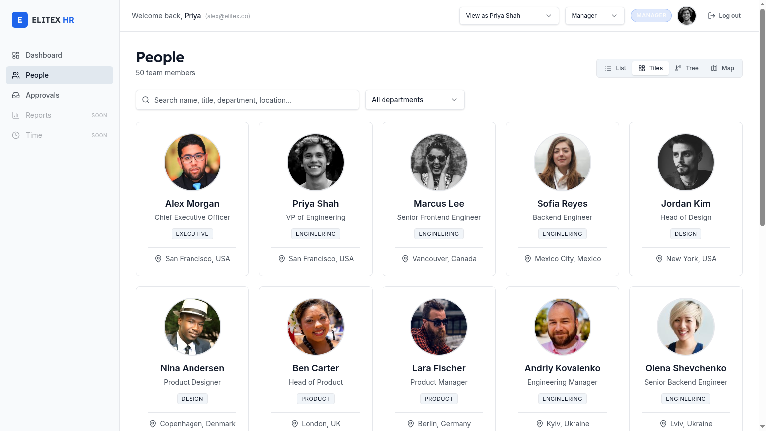 People tiles view with photo cards for each team member